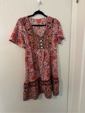 Amazon Pink Floral Boho Short Sleeve Dress